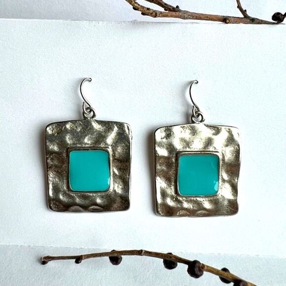 Silver Tone Pierced Earrings with Turquoise Colored Stone - Picture 1 of 10